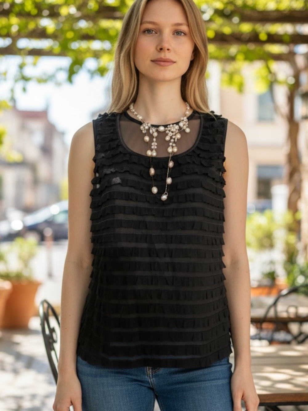TRIBAL SHEER BLACK TOP  with illusion effect, layered ruffle design , size L